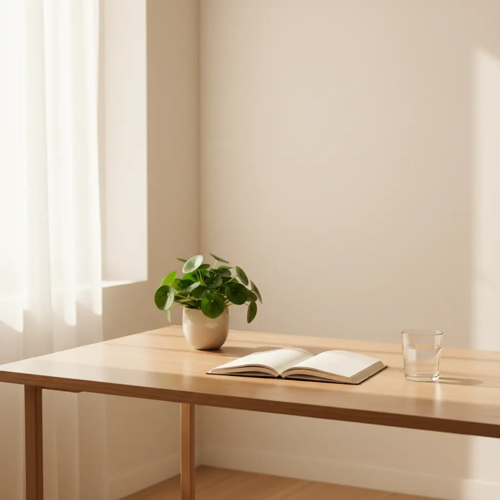 Lyst og roligt arbejdsrum med planter og et glas vand på skrivebordet