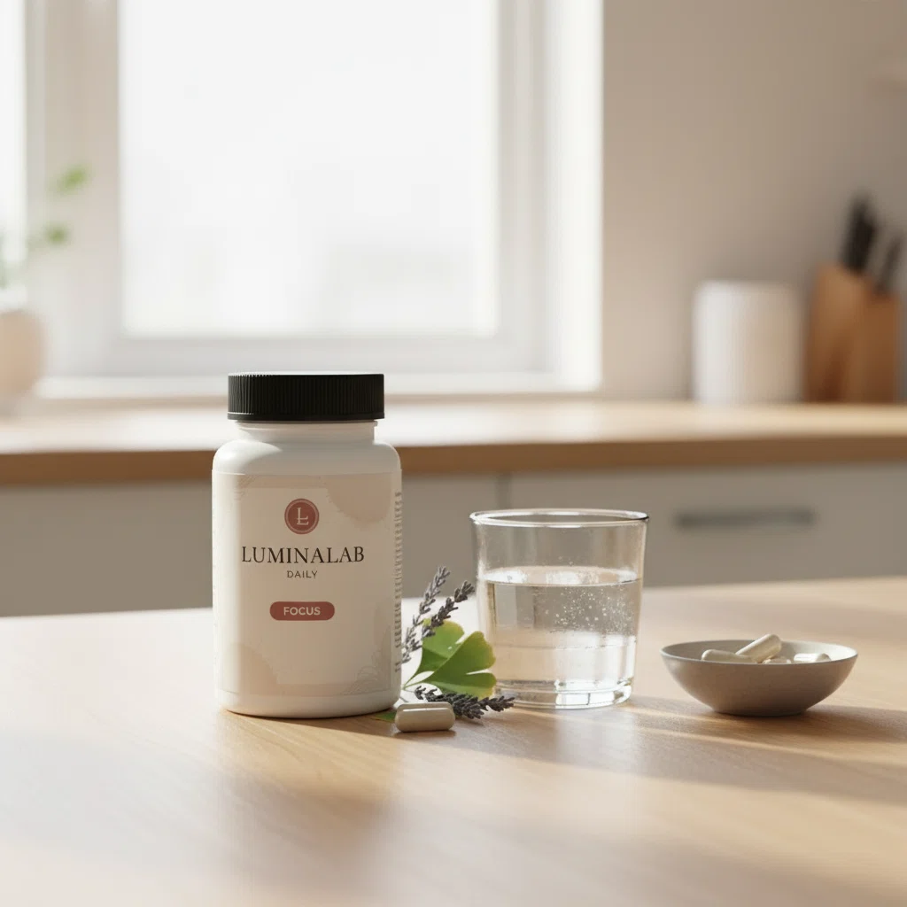 LuminaLab Daily glasbeholder ved siden af et glas vand på et lyst køkkenbord om morgenen